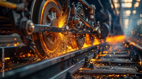 A close-up of a train wheel under braking. Braking causes thousands of sparks to fly between the wheel and the rail. Generative AI.