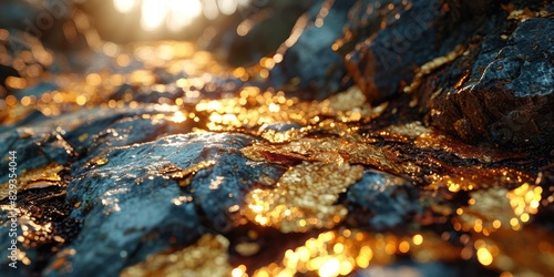 The picture of nature that focused to the gold leaf from tree in the forrest that stay on ground and got illuminated with the bright light of sunlight in the summer or spring time of the year. AIGX03. photo