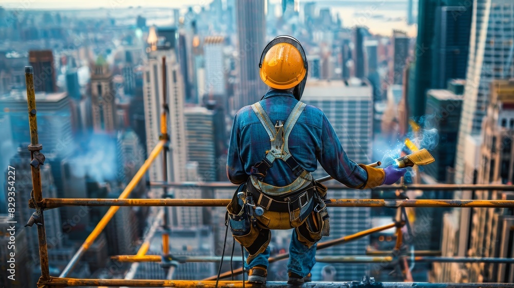 Fototapeta premium Construction worker masterfully welds on scaffolding against a city 