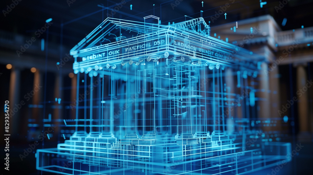 Obraz premium 3d blue prints of a bank building virtual hologram, digital banking 