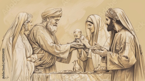 Biblical Illustration: The Presentation at the Temple, Simeon and Anna Blessing Baby Jesus, Mary and Joseph, Beige Background, Copyspace
