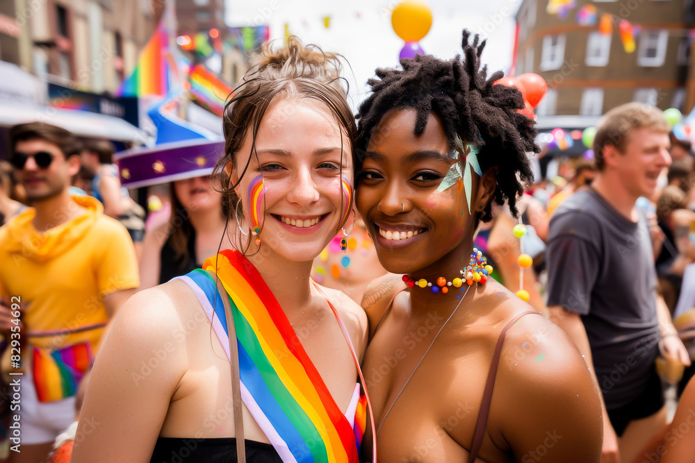 Two friends enjoying a pride parade, showcasing joy, friendship, and colorful celebration. The lively scene captures the essence of unity and diversity in the LGBTQ+ community. Two friends enjoying a pride parade, showcasing joy, friendship, and colorful celebration. The lively scene captures the essence of unity and diversity in the LGBTQ+ community.