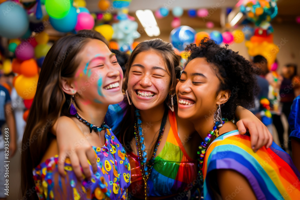 A vibrant and joyful image of three friends laughing and embracing at a colorful party, capturing the essence of happiness and togetherness. A vibrant and joyful image of three friends laughing and embracing at a colorful party, capturing the essence of happiness and togetherness.
