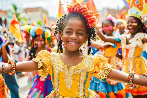 A joyful girl in a vibrant, colorful costume celebrating at a festive parade with children around, showcasing cultural diversity and tradition.