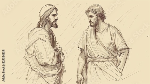 Biblical Illustration: The Rich Young Ruler, Jesus Speaking with Rich Young Man, Sorrowful Departure, Beige Background, Copyspace