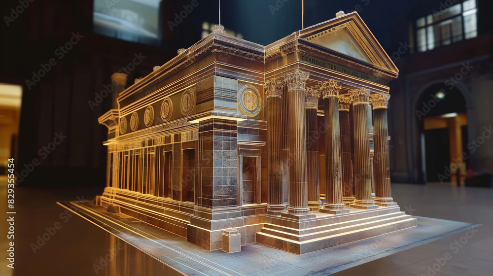 Fototapeta premium 3d blue prints of a bank building virtual hologram, digital banking 