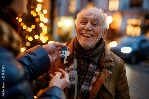 Elderly Caucasian man happily receiving keys on a city street at night  illuminated by festive lights.