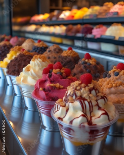 A delicious array of gelato cups filled with colorful scoops topped with fruits and syrups in a display case