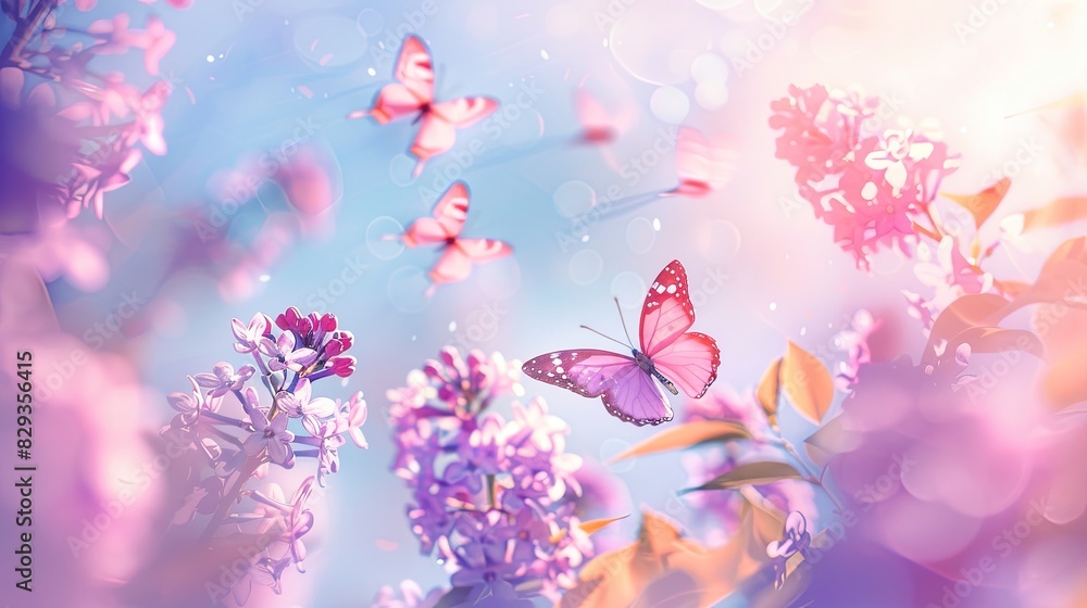 Floral spring natural landscape with wild pink lilac flowers on meadow and fluttering butterflies on blue sky background. Dreamy gentle air artistic image. Soft focus, author processing