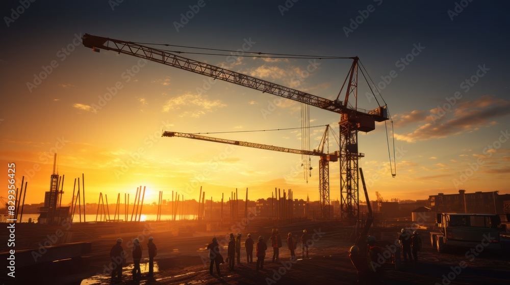 construction site with cranes and workers silhouetted against a golden sunset construction site with cranes and workers silhouetted against a golden sunset