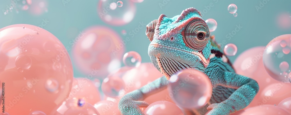 A chameleon hovers amid salmon slices against a pastel backdrop A chameleon hovers amid salmon slices against a pastel backdrop