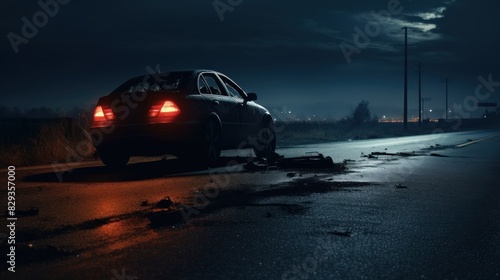 car with a flat tire  stranded on the side of a busy highway at night.