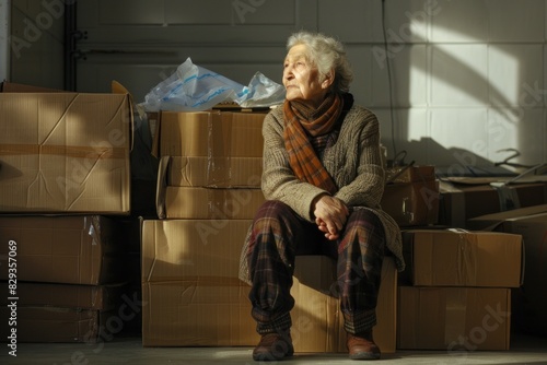 An elderly Caucasian woman sits pensively among cardboard boxes in a storage unit, illuminated by natural light. photo