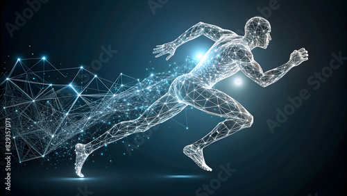 Abstract Digital Runner Sprinting Forward Against Sleek Silver Background. Perfect for: Global Running Day, National Sports Day, World Athletics Day. © TingYi