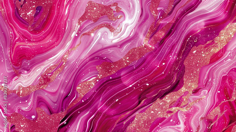 Obraz premium Produce an AI artwork featuring intricate marble ink designs with dazzling magenta pink glitter.