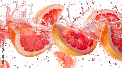 Photorealistic grapefruit slices and juice splash isolated