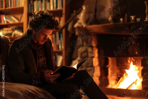 Thoughtful Reading Moment by Cozy Fireplace in Rustic Home Library © Ratchadaporn