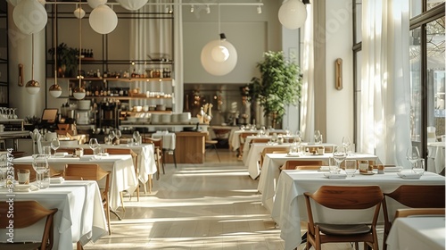 A gorgeous modern interior with stylish restaurant with white-clothed tables, open kitchen, bright interior. Generative AI.