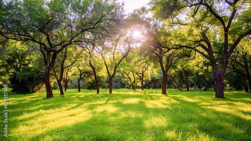 A serene forest with sunlight filtering through lush green trees. Ideal for depicting natural  peaceful surroundings.