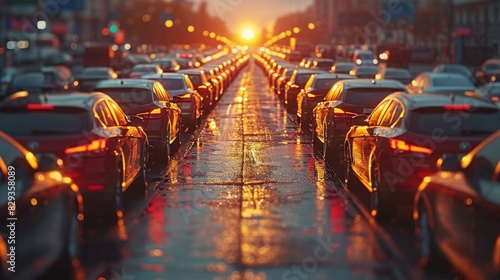 Cars parked neatly on the city street at sunset photo