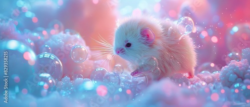 A ferret floats, encircled by shimmering bubbles, against a pastel backdrop photo