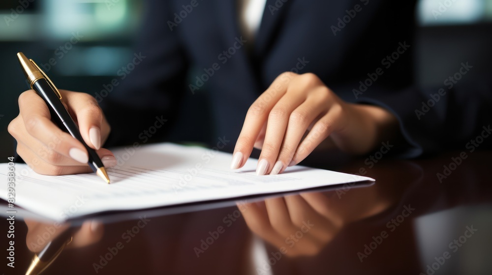 close-up hand of a businesswoman in a power suit signing a contract with a golden pen close-up hand of a businesswoman in a power suit signing a contract with a golden pen