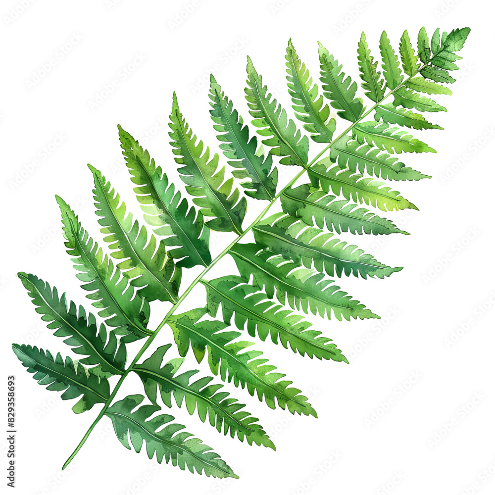 Naklejka premium Close-up of a single green fern leaf isolated on a white background, showcasing natural beauty and intricate detail.