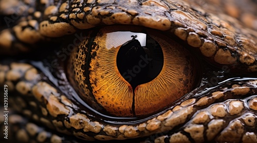 close-up of a crocodile's eye, with the crocodile's mouth slightly open