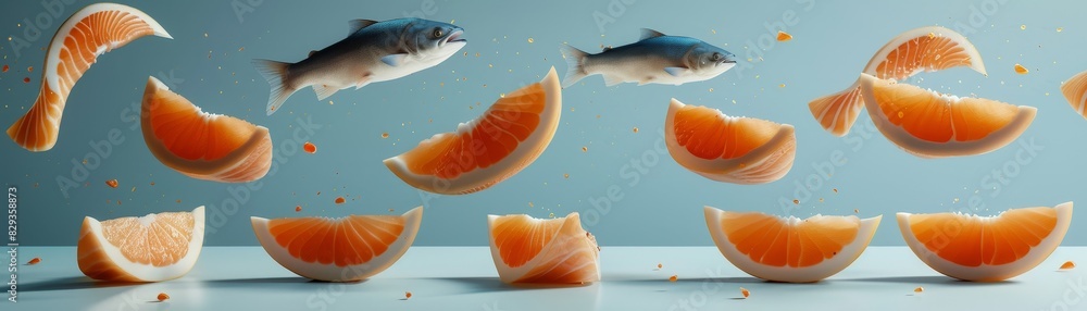A mesmerizing scene, a fish hovers amid floating orange slices on a soft pastel backdrop A mesmerizing scene, a fish hovers amid floating orange slices on a soft pastel backdrop