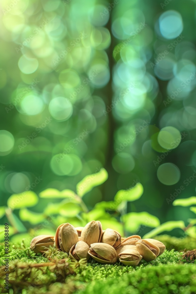 Fototapeta premium Sunlight illuminates a group of pistachio nuts resting on lush green moss emphasizing their freshness