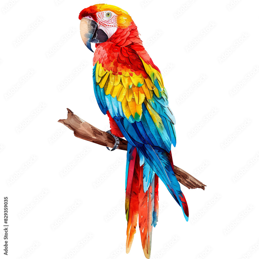Obraz premium Colorful parrot watercolor illustration perched on a branch. Vibrant bird artwork with red, yellow, and blue feathers. Exotic wildlife scene.
