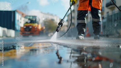 Worker in high-vis jacket using a powerful pressure washer to remove graffiti from an urban surface, focused close-up photo