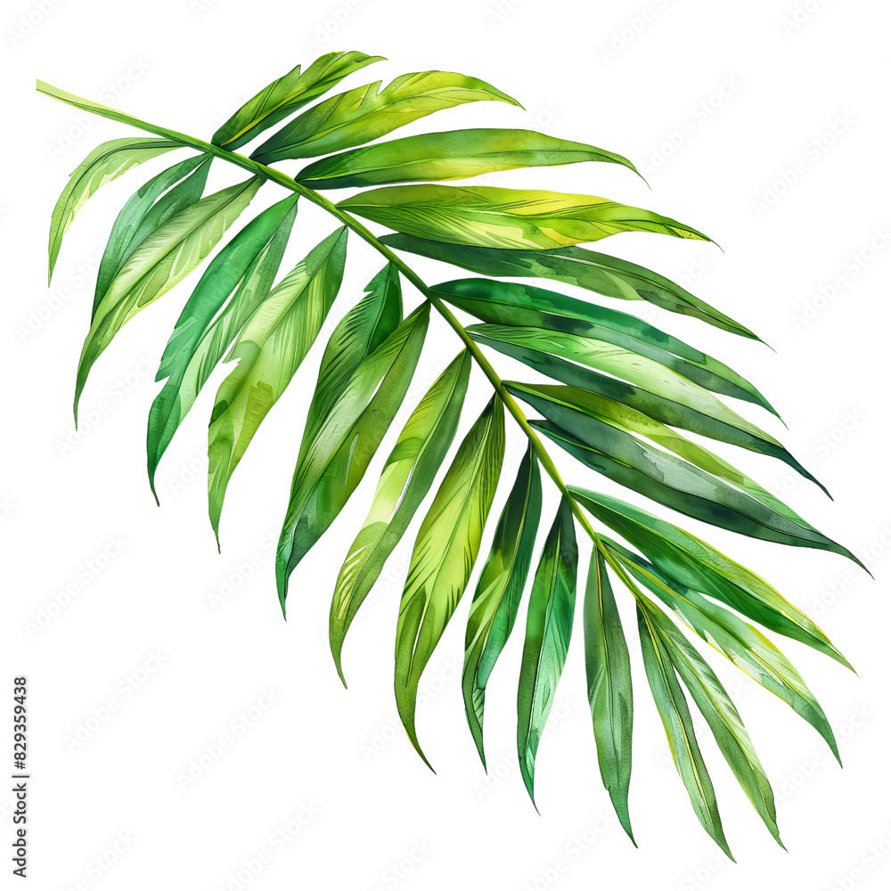 Obraz premium Detailed watercolor illustration of a tropical palm leaf showcasing vibrant green hues for botanical and nature enthusiasts.