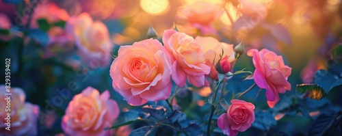 Blooming pink roses in golden light