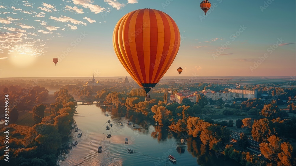 A hot air balloon, Clear sky with high saturation, Bright colors and bright sunshine, Rivers. Generative AI.