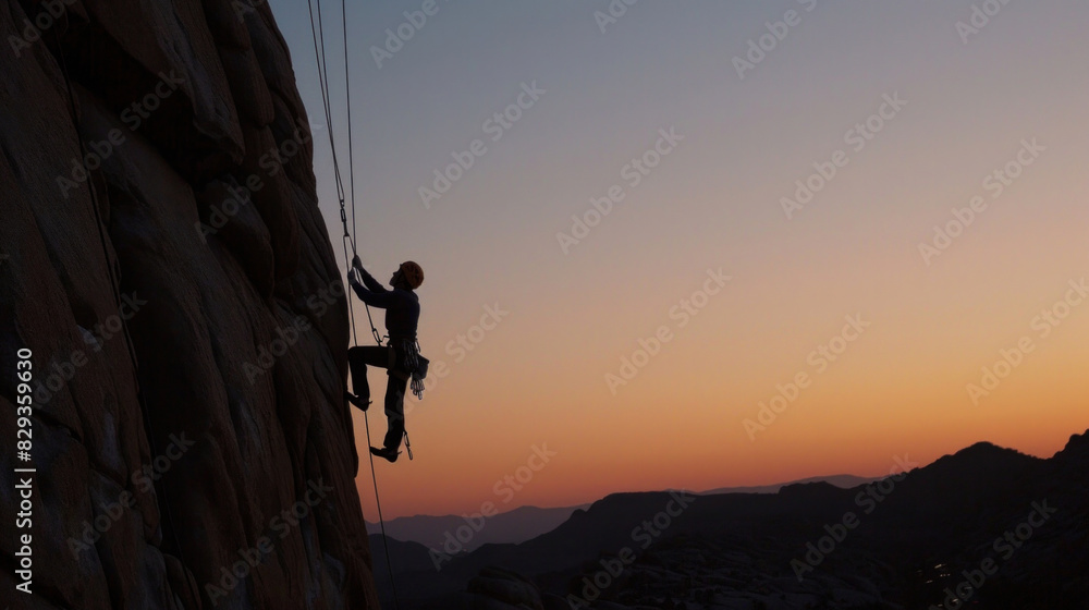 A rock climber silhouetted against the evening sky rappels past an overhang in Joshua Tree National Park, capturing the essence of adventure and natural beauty. A rock climber silhouetted against the evening sky rappels past an overhang in Joshua Tree National Park, capturing the essence of adventure and natural beauty.