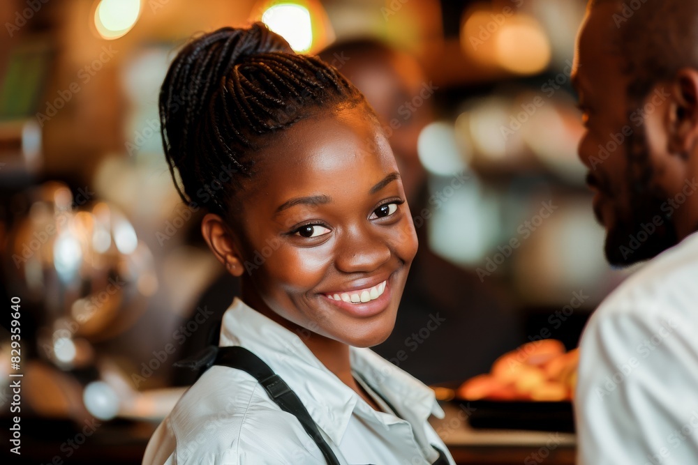 A young smiling waitress in a cafe interacts joyfully with a customer, showcasing friendly service in a casual restaurant setting. A young smiling waitress in a cafe interacts joyfully with a customer, showcasing friendly service in a casual restaurant setting.