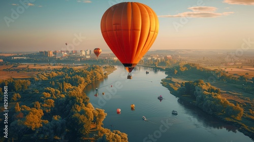A hot air balloon, Clear sky with high saturation, Bright colors and bright sunshine, Rivers. Generative AI. © visoot