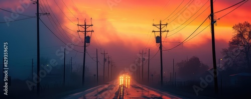 Power lines in a dramatic sunset sky photo