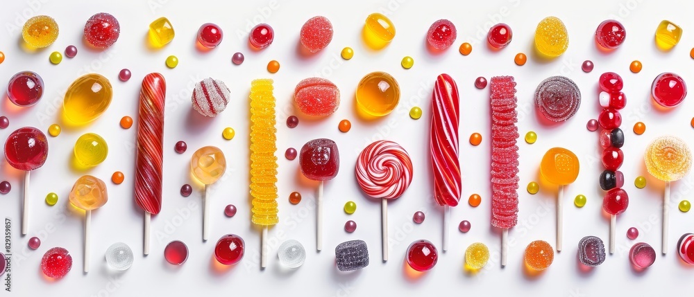 Top view shot of a variety of lollipops, gummy jellies, and candies, isolated against a white background with professional studio lighting Top view shot of a variety of lollipops, gummy jellies, and candies, isolated against a white background with professional studio lighting