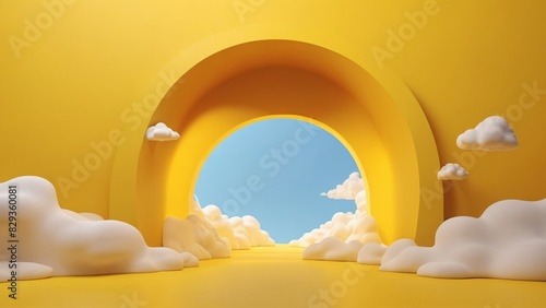 Fototapeta Naklejka Na Ścianę i Meble -  Stylized sunny sky with concentric yellow arches and clouds