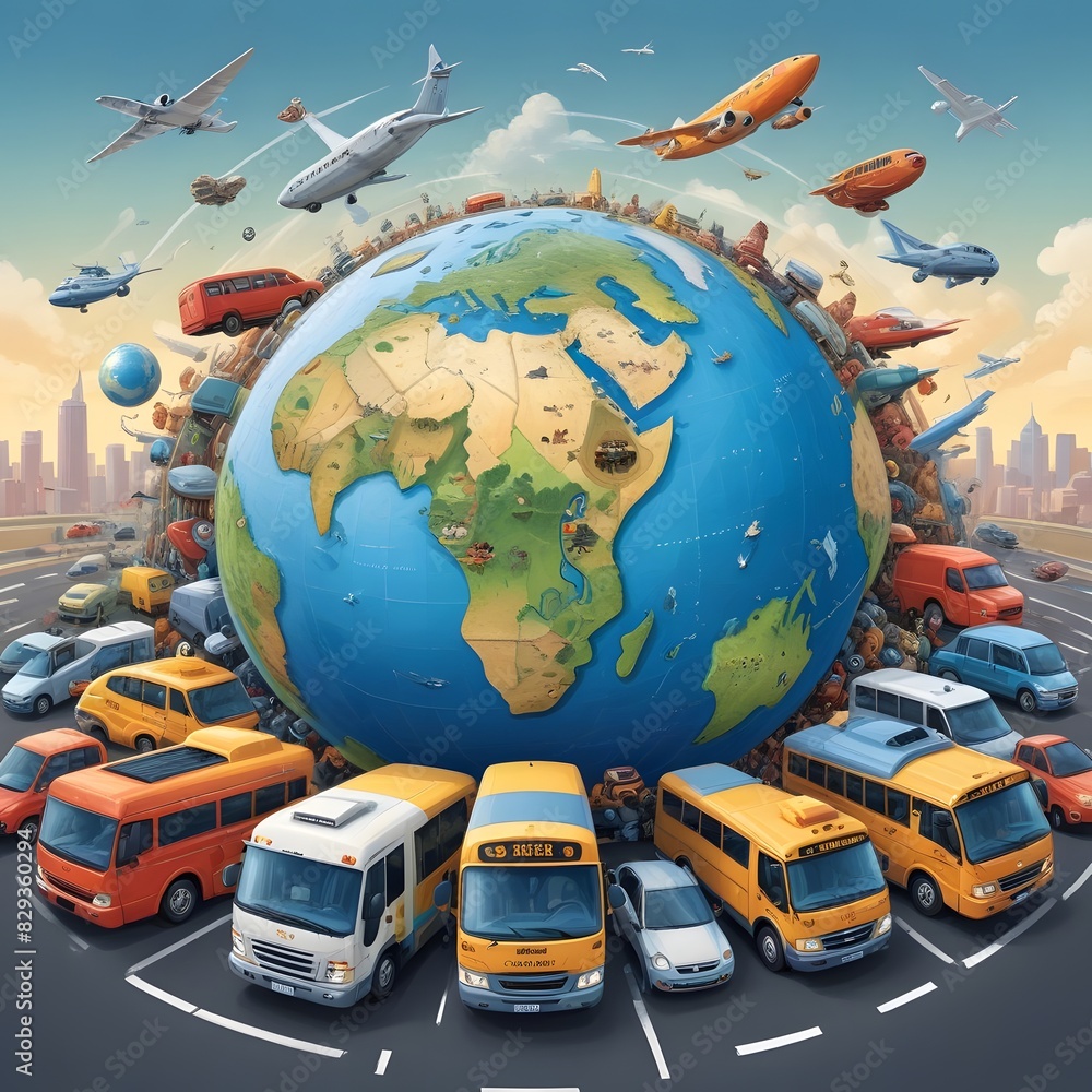 Naklejka premium Vehicles around a globe Drivers Day Celebration