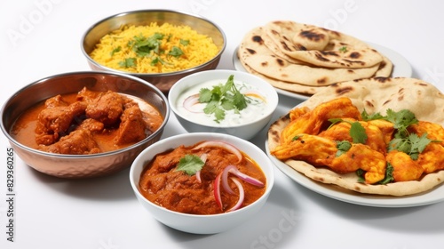 Indian dishes, such as butter chicken, tikka masala, and samosas, 