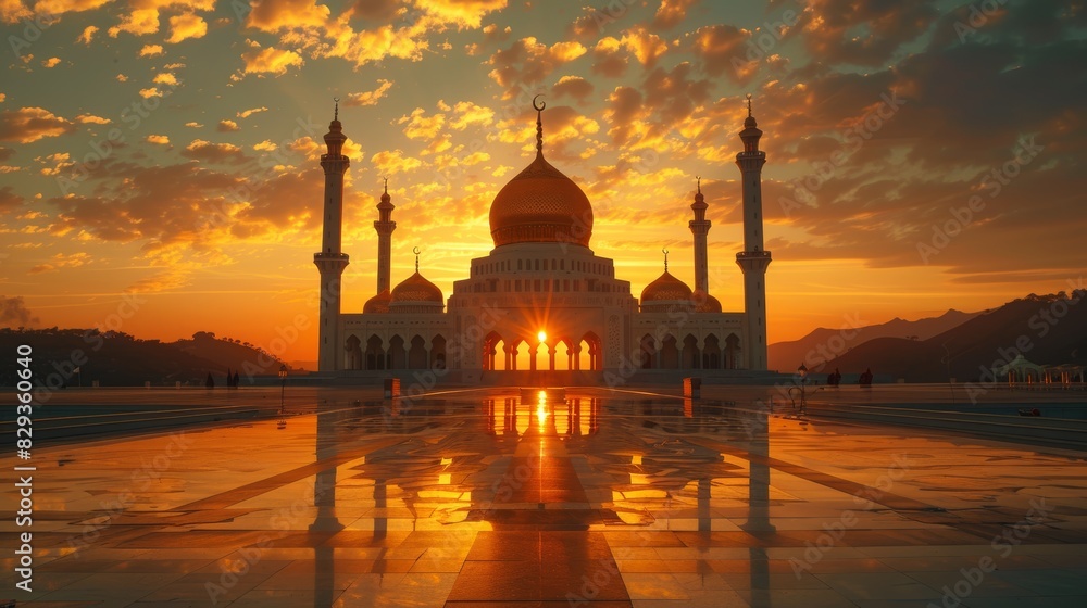 Sunset over an Islamic prayer ground, emphasizing the Feast of Sacrifice with raw tones and warm lighting, creating a peaceful, spiritual atmosphere, sunset lighting