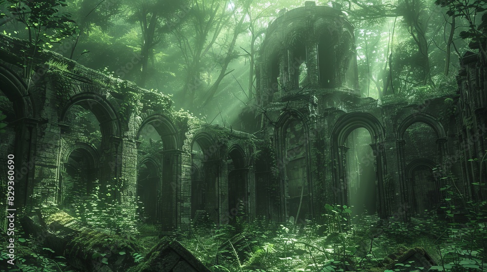 Sunlit ruins in a lush forest, close-up view highlighting the mystical ambiance and the interplay of light and shadow
