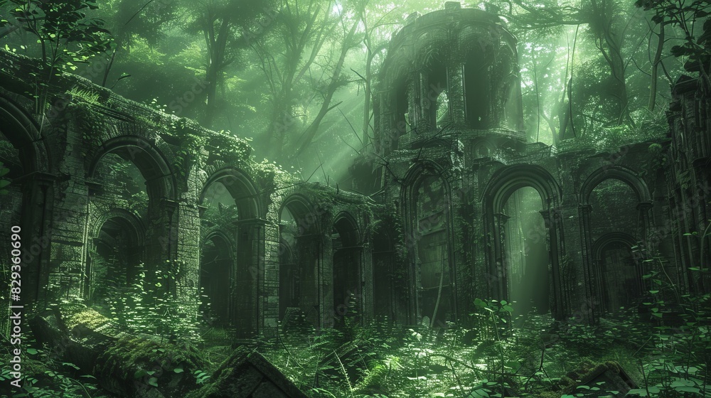 Sunlit ruins in a lush forest, close-up view highlighting the mystical ambiance and the interplay of light and shadow Sunlit ruins in a lush forest, close-up view highlighting the mystical ambiance and the interplay of light and shadow