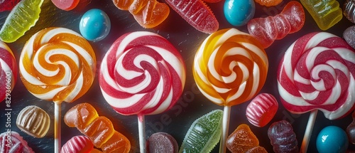 Top-down image of bright lollipops, diverse gummy jellies, and candies, isolated with studio lighting for a vivid display photo