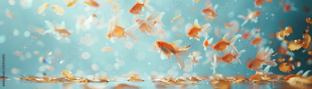 A goldfish floats amid oranges on a pastel backdrop, defying gravity gracefully A goldfish floats amid oranges on a pastel backdrop, defying gravity gracefully