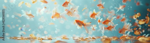 A goldfish floats amid oranges on a pastel backdrop, defying gravity gracefully