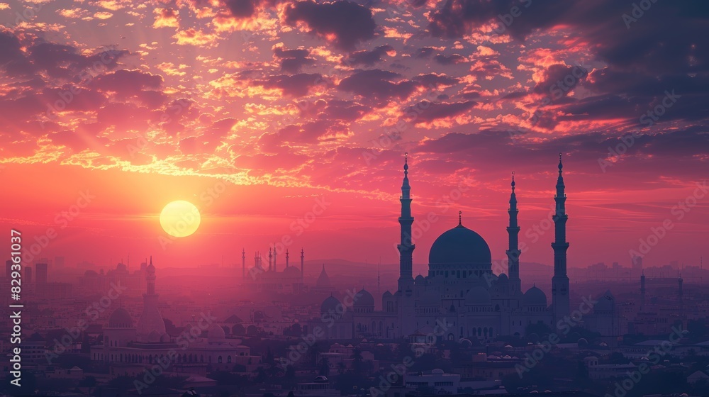 Serene Islamic landscape with a mosque at sunset, showcasing the Feast of Sacrifice in raw style, with rich, warm tones and intricate patterns, sunset lighting